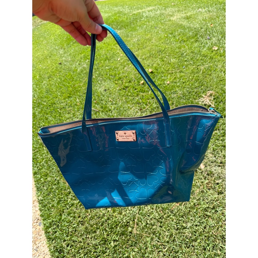 Kate‎ Spade New York Teal Blue Patent Embossed Heart Tote Bag Rose Gold Hardware